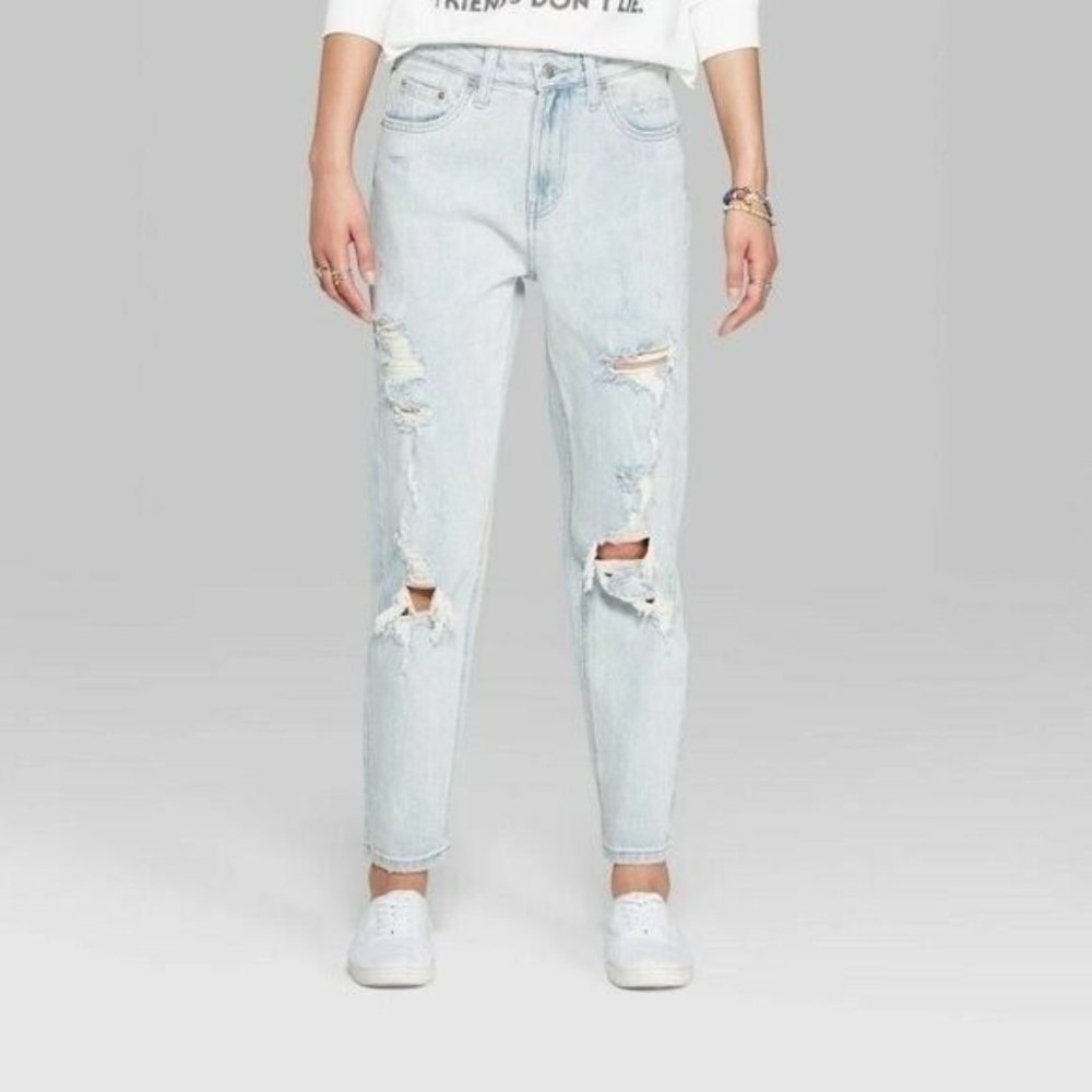 Women's Super-High Rise Distressed Taper Mom Jeans - Wild Fable™ Light Wash 8